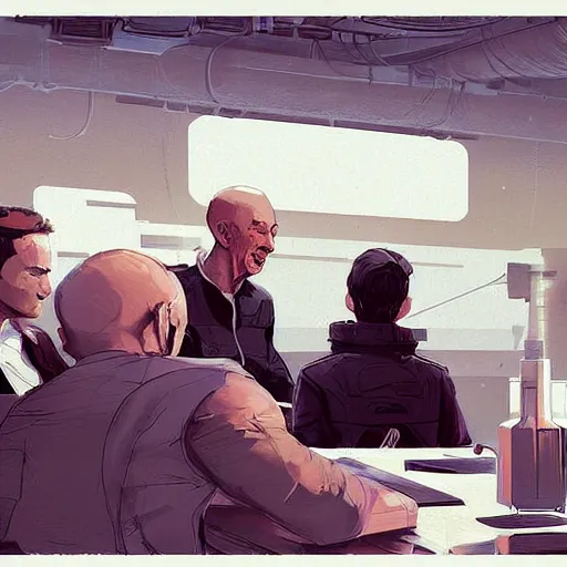 Image similar to cell shaded illustration of a meeting between elon musk, mark zuckerberg, jeff bezos, very detailled, by artgem, greg rutkowski, by atey ghailan, by greg tocchini, by james gilleard, by joe fenton, by kaethe butcher