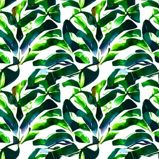 Prompt: repeating pattern seamless. watercolor. tropical palm leaves, warm light, green, flat color hyperrealistic, detailed