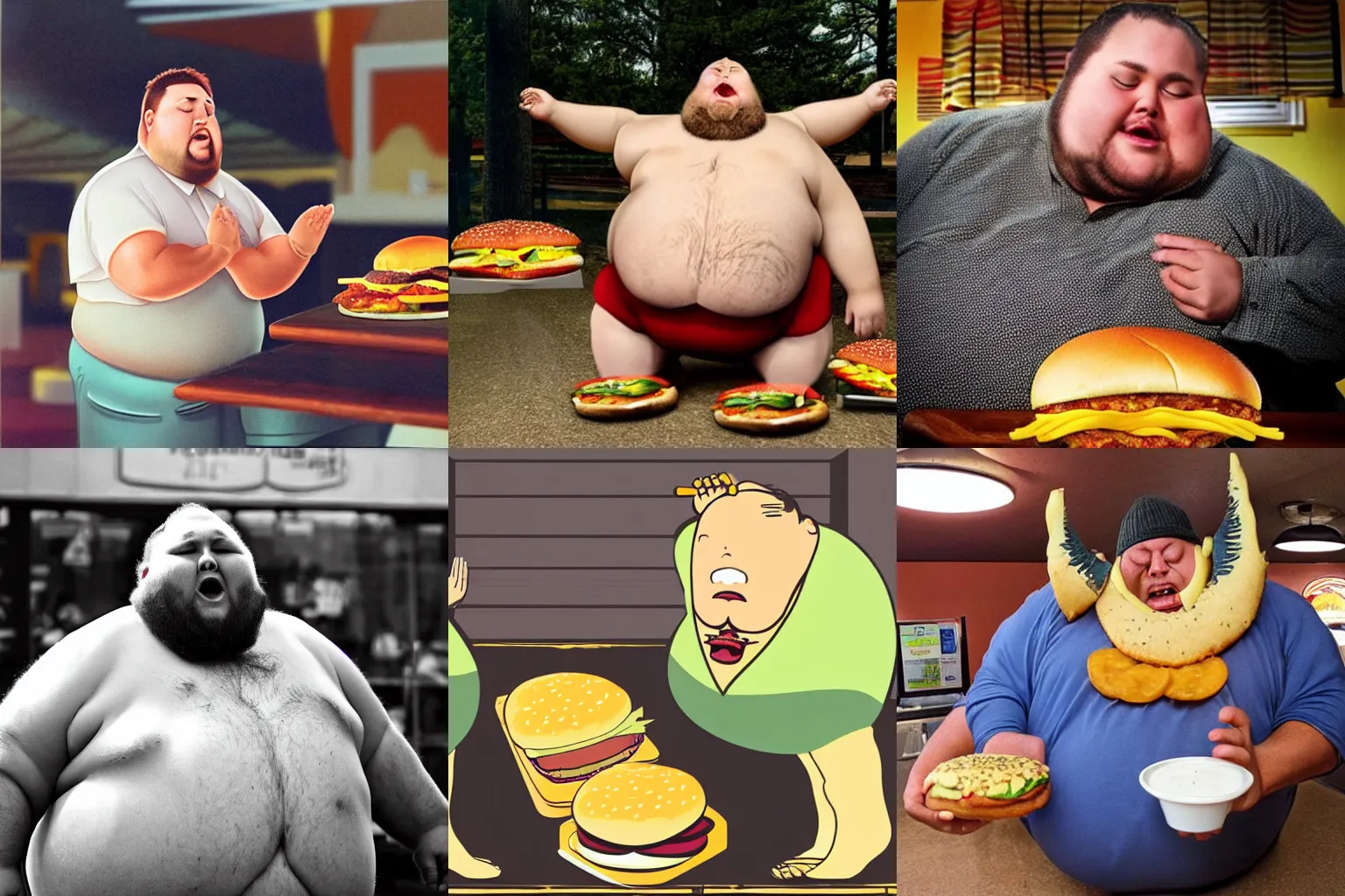 Prompt: a fat man praying to the cheeseburger god