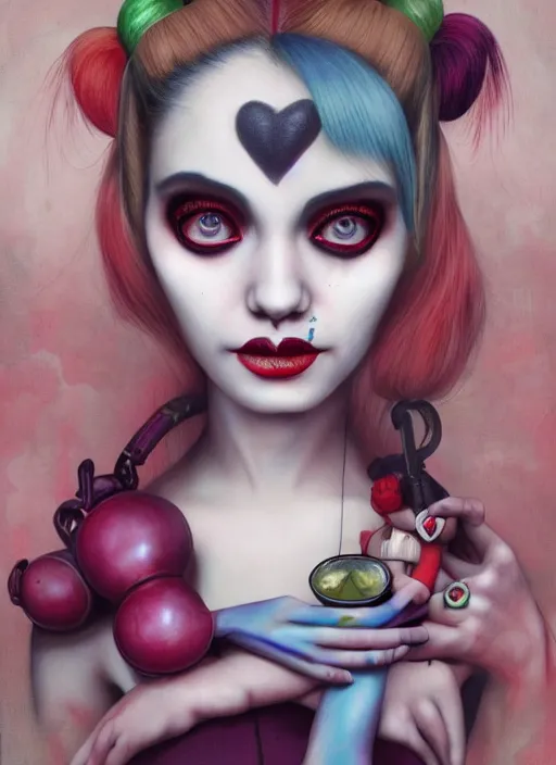 Image similar to pop surrealism, lowbrow art, realistic harley quinn painting, japanese street fashion, hyper realism, muted colours, rococo, natalie shau, loreta lux, tom bagshaw, mark ryden, trevor brown style,