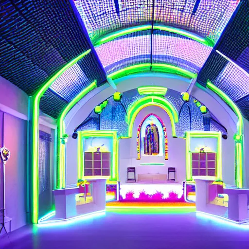 Prompt: cute quaint electric chapel with neon lights lining the roof of the church, a futuristic neon church, hyper detailed architecture, detailed image