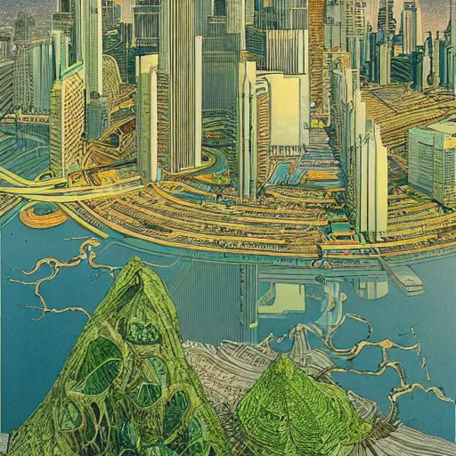 Image similar to city of the future in harmony with nature. Beautiful detailed illustration by moebius (1975).
