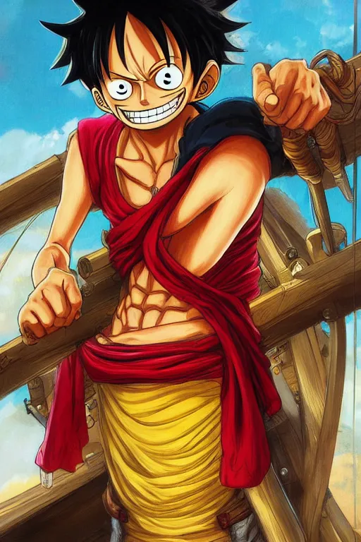 Image similar to Luffy from One Piece on a pirate ship, highly detailed, digital painting, artstation, concept art, sharp focus, illustration, art by artgerm and greg rutkowski and alphonse mucha