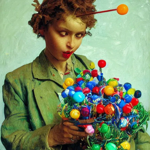 Prompt: a sculpture portrait made of candys and lollipops and chocolate and plants, painting part by wojciech siudmak, part by ilya repin, part by max ernst, part by norman rockwell, artstation