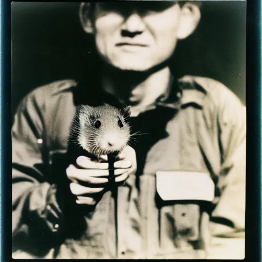 Image similar to “ a hamster holding a hamster sized m 1 6, portrait photo, vietnam war photograph, polaroid ”