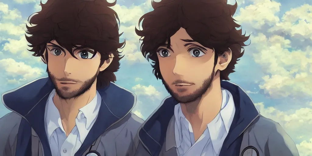 Prompt: a brown curly hair bearded doctor with blue eyes, by makoto shinkai