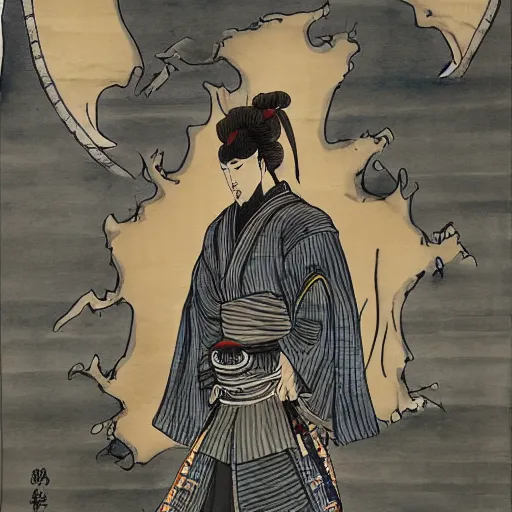 Image similar to Japanese samurai standing dramatically, ink and colors on silk, trending on Pixiv, zoomed out, Monochrome, watercolor