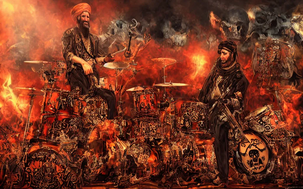 Prompt: khamenei playing drums in heavy metal band in hell, corded hanged bodies in horizon, skulls on the ground, guns, high definition, trending on artstation, unreal engine, photorealistic, high resolution,, trending on deviantart, hdr, hyper detailed, insane details, intricate, elite, ornate, elegant, luxury, dramatic lighting