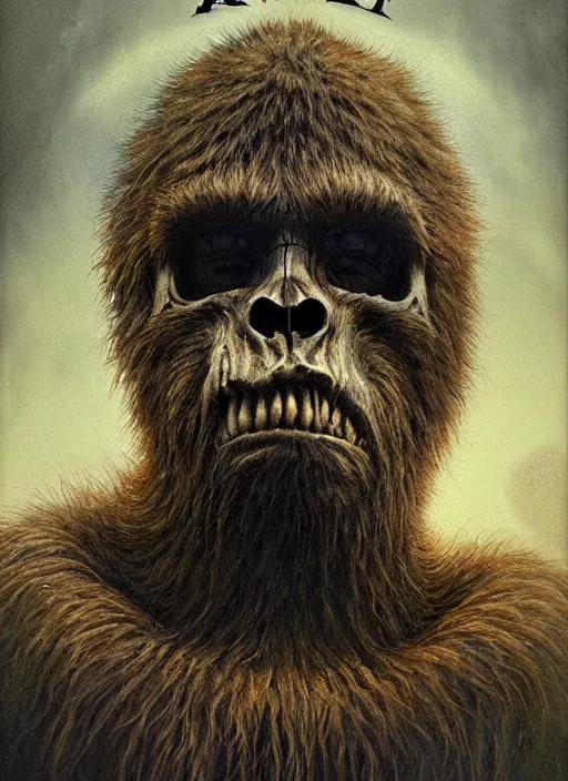 Prompt: sasquatch tarot card, highly detailed, half skull face, cinematic, 8 k, by stanley artgermm, tom bagshaw, greg rutkowski, carne griffiths, ayami kojima, beksinski, giger, trending on deviantart, hyper detailed, horror, full of colour