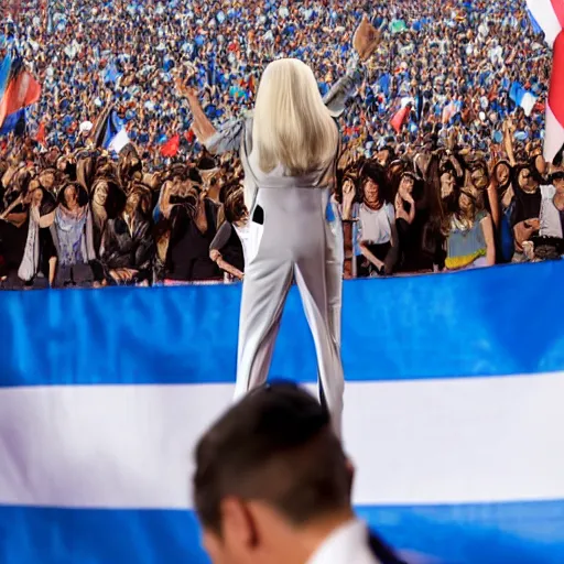 Image similar to Lady Gaga as president, Argentina presidential rally, Argentine flags behind, bokeh, giving a speech, detailed face, Argentina