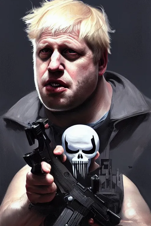 Prompt: Boris Johnson as Punisher, portrait, highly detailed, digital painting, artstation, concept art, sharp focus, illustration, cinematic lighting, art by artgerm and greg rutkowski and alphonse mucha