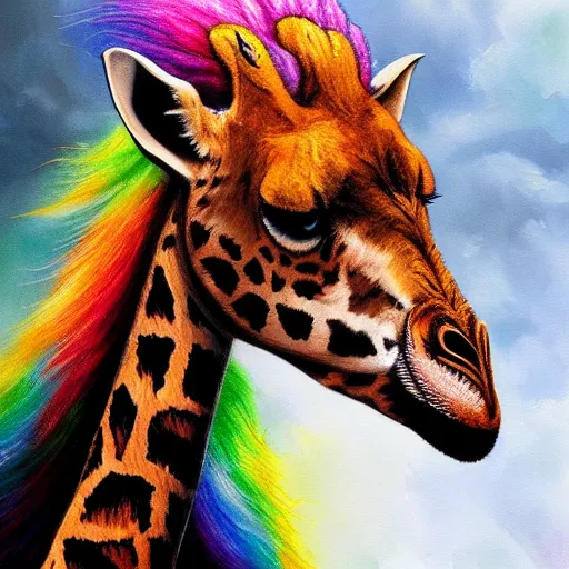 Image similar to portrait of a cute fluffy giraffe with long colorful flowing lion mane with mohawk hairstyle hybrid animal detailed painting 4 k