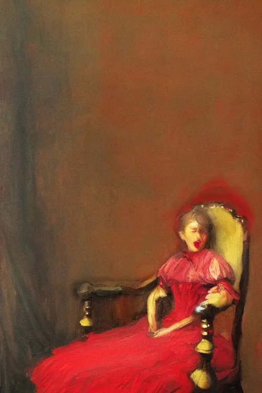 Image similar to a red dress laid across a chair in a dark victorian era room. in the style of american impressionism painting. triadic color scheme