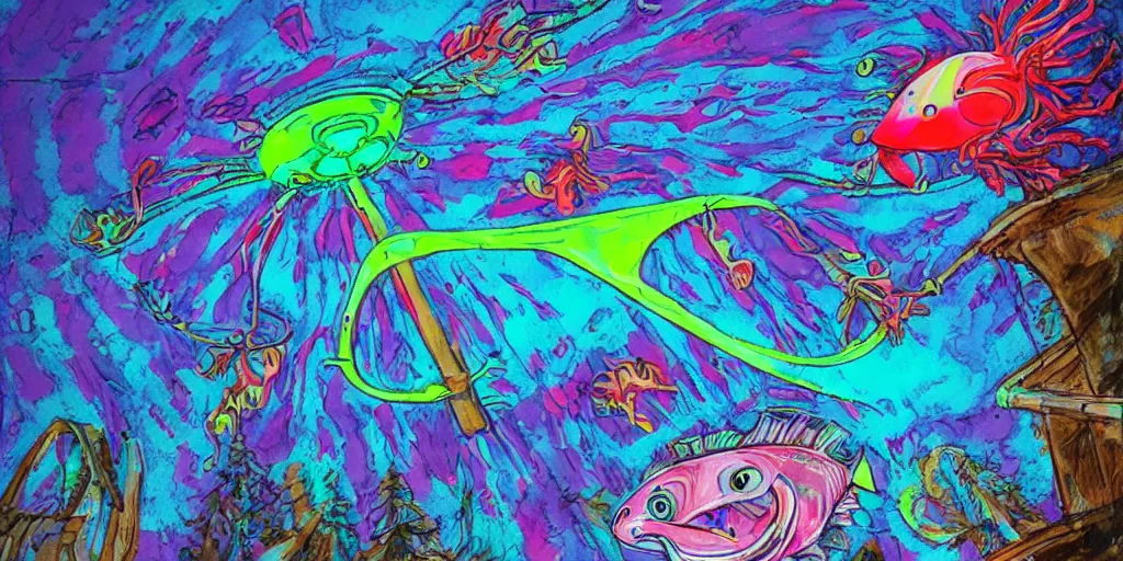 Prompt: psychedelic ski resort chair lift, angler fish inspired, vibrant colors, concept art