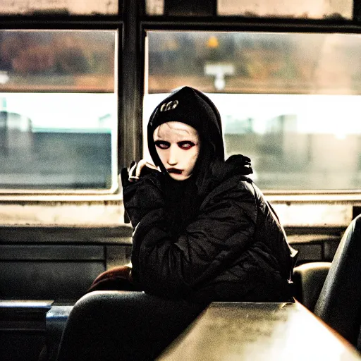 Prompt: slim goth girl sitting on a train, evening, super realistic, perfect lighting, detailed, high contrast, bokeh