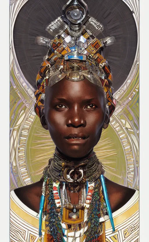 Prompt: a retro futuristic african tribal chief, art by joseph christian leyendecker, design blocking by alphonso mucha and drew struzan, highly detailed, digital painting, airbrush, concept art, illustration, smooth sharp focus, intricate, symmetry,