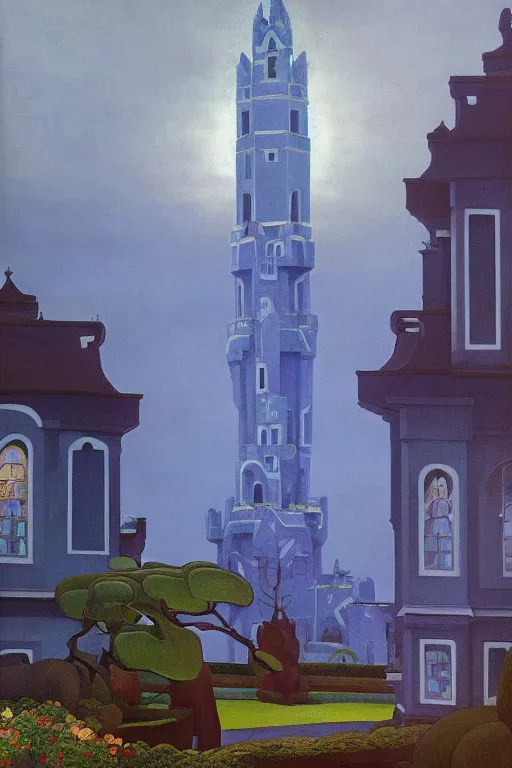 Prompt: view of the mysterious blue tower in its gardens after a storm, tall windows lit up, beautiful ornament, dramatic cinematic lighting, rich colors, by Nicholas Roerich and Ludwig Deutsch and April Gornik and Sylvain Sarrailh