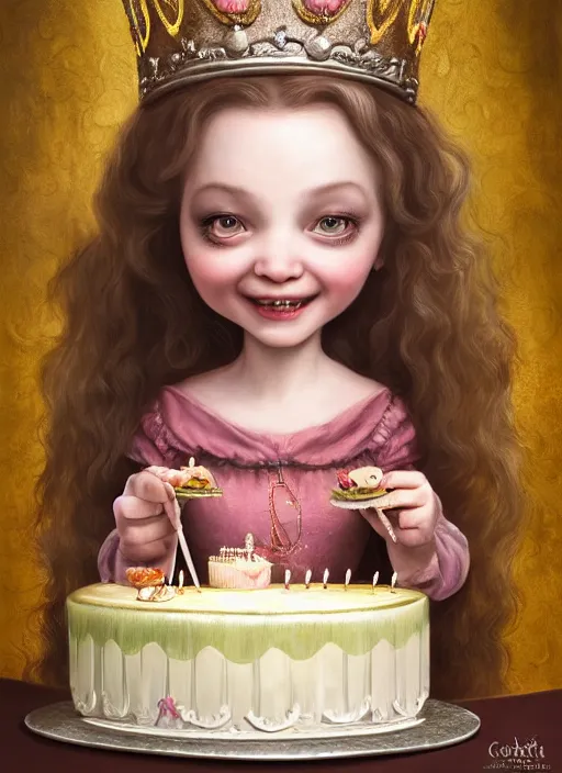 Image similar to highly detailed closeup portrait of a grinning fairytale medieval princess eating birthday cake, unreal engine, nicoletta ceccoli, mark ryden, lostfish, earl norem, global illumination, god rays, detailed and intricate environment