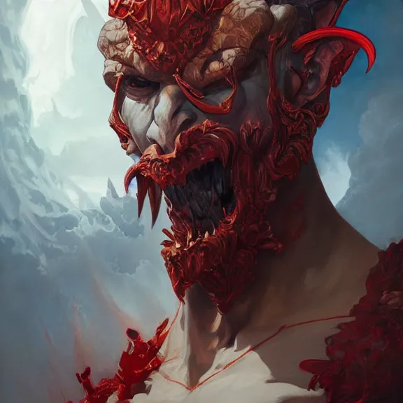 Image similar to excellent painted portrait of a elegant demon lord prince of hell, high quality painting with detailed face, 4k, trending on artstation, octane render, art by artgerm and greg rutkowski and alphonse mucha and craig mullins and James Jean and Andrei Riabovitchev and Marc Simonetti and peter mohrbacher