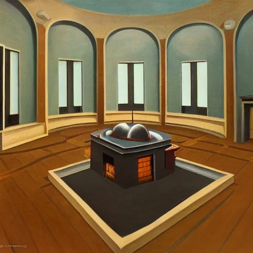 Image similar to exaggerated death ray, doomsday weapon, evil lair, mastermind, observatory interior, rotunda, shield, comedic, dystopian, grant wood, pj crook, edward hopper, oil on canvas