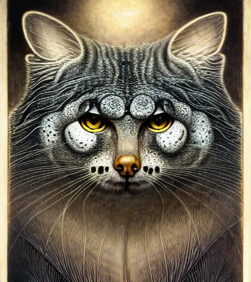 Image similar to detailed realistic beautiful manul face portrait by jean delville, gustave dore, iris van herpen and marco mazzoni, art forms of nature by ernst haeckel, art nouveau, symbolist, visionary, gothic, neo - gothic, pre - raphaelite, fractal lace, intricate alien botanicals, ai biodiversity, surreality, hyperdetailed ultrasharp octane render