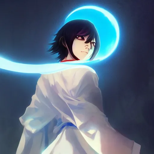 Prompt: Anime Rukia from bleach is an archetype of death, casting blue orb magic, warm colors, wide shot, octane render, 4k, by Ilya Repin greg rutkowski and artgerm