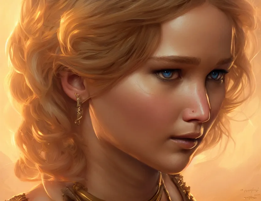 Image similar to Jennifer Lawrence, closeup, D&D, fantasy, intricate, elegant, highly detailed, digital painting, artstation, concept art, matte, sharp focus, illustration, hearthstone, art by Artgerm and Greg Rutkowski and Alphonse Mucha