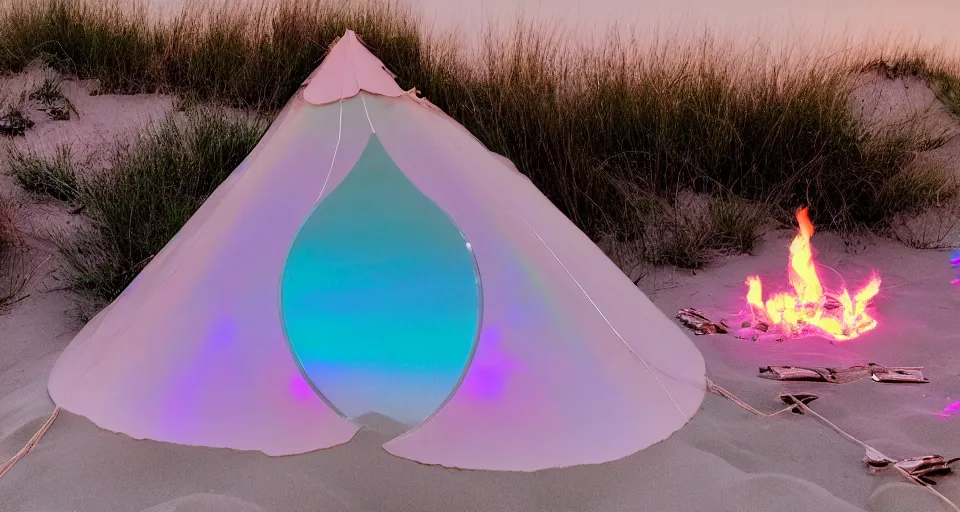 Prompt: a vintage family holiday photo of an empty beach from an alien dreamstate world with chalky pink iridescent!! sand, reflective lavender ocean water, dim bioluminescent plant life and an igloo shaped plastic transparent bell tent surrounded by holiday clutter opposite a fire pit with an iridescence blue flame. refraction, volumetric, light.