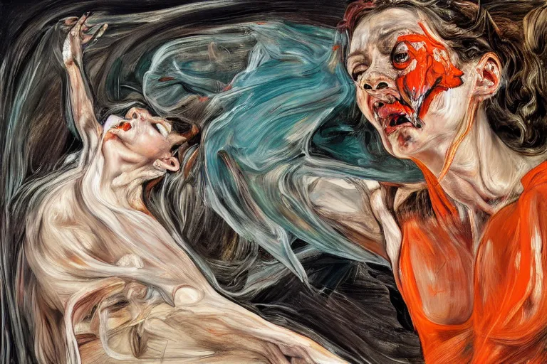 Image similar to high quality high detail painting of a ballerina in agony by lucian freud and jenny saville and francis bacon, hd, dark demonic dancer, turquoise and orange