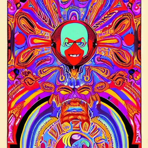 Image similar to Fillmore concert poster for The Bozone April 20, 1969 by Victor Moscoso and S. Clay Wilson, Cryengine, HD render, 3d, psychedelic, intricate paisley filigree Bozo the clown. red clown nose, mandala, day-glo colors, flowing lettering