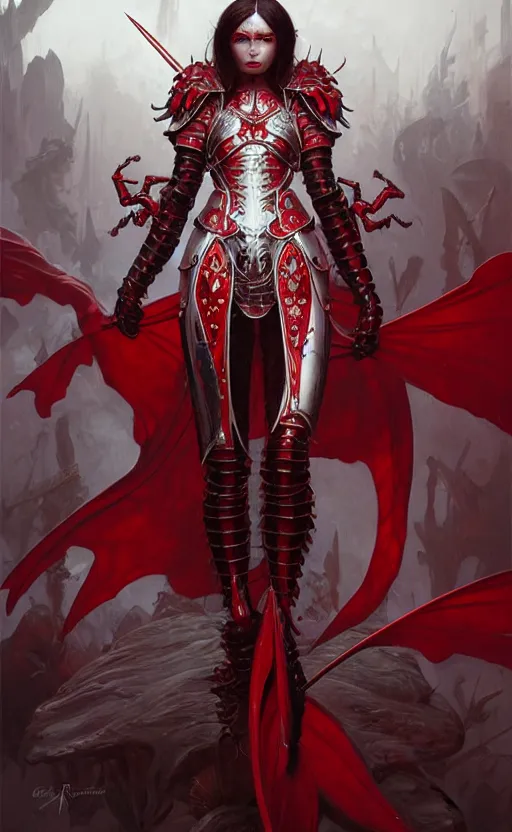 Image similar to Gothic crustacean warrior queen in red and white chitin armor, fantasy, highly detailed, digital painting, artstation, concept art, smooth, sharp focus, illustration, art by artgerm and greg rutkowski and alphonse mucha