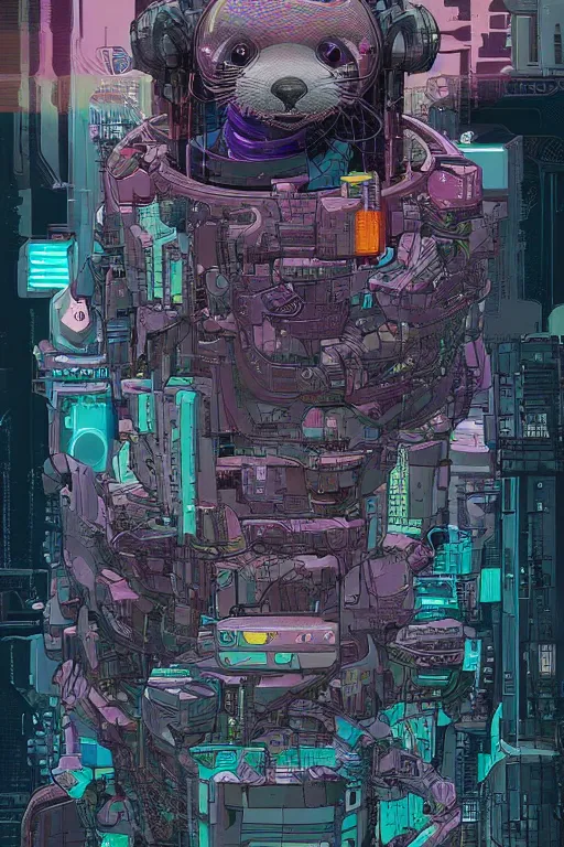 Image similar to A cyberpunk otter cyborg art by Josan Gonzalez, sci-fi, highly detailed, digital painting, artstation, smooth, sharp focus, illustration, concept art by Josan Gonzalez and James Gurney and Mœbius