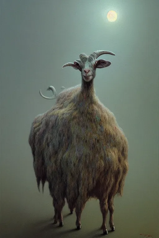 Image similar to painting of hybrid between human andy milonakis and a goat, by zdzislaw beksinski, by tiffany bozic, cold hue's, warm tone gradient background, concept art, beautiful composition, digital painting