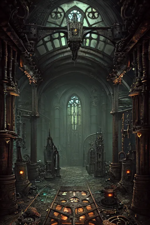 Image similar to steam necropolis, memento mori, gothic, neo - gothic, art nouveau, hyperdetailed copper patina medieval icon, stefan morrell, philippe druillet, ralph mcquarrie, concept art, steampunk, unreal engine, detailed intricate environment, octane render, moody atmospherics, volumetric lighting, ultrasharp, ominous, otherworldly