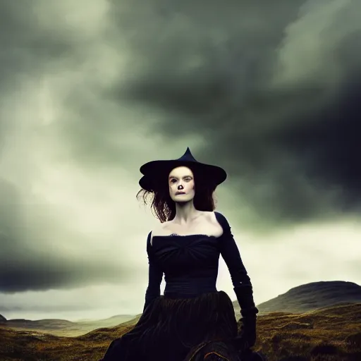 Prompt: photographic portrait of a stunningly beautiful female scottish highlands witch dark moody clouds, contemporary fashion shoot, by edward robert hughes, annie leibovitz and steve mccurry, david lazar, jimmy nelsson, breathtaking, 8 k resolution, extremely detailed, establishing shot, artistic, hyperrealistic, perfect face, octane render