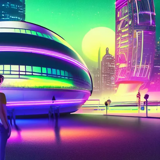 Image similar to neon sci - fi city, futuristic, neon colours, high saturation, high def, 8 k, hd, two moons on night sky,