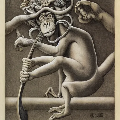 Image similar to Clever monkey with a long knife, very detailed and colorful, by Santiago Caruso, by M.C. Escher, by Michelangelo, beautiful, eerie, surreal, psychedelic