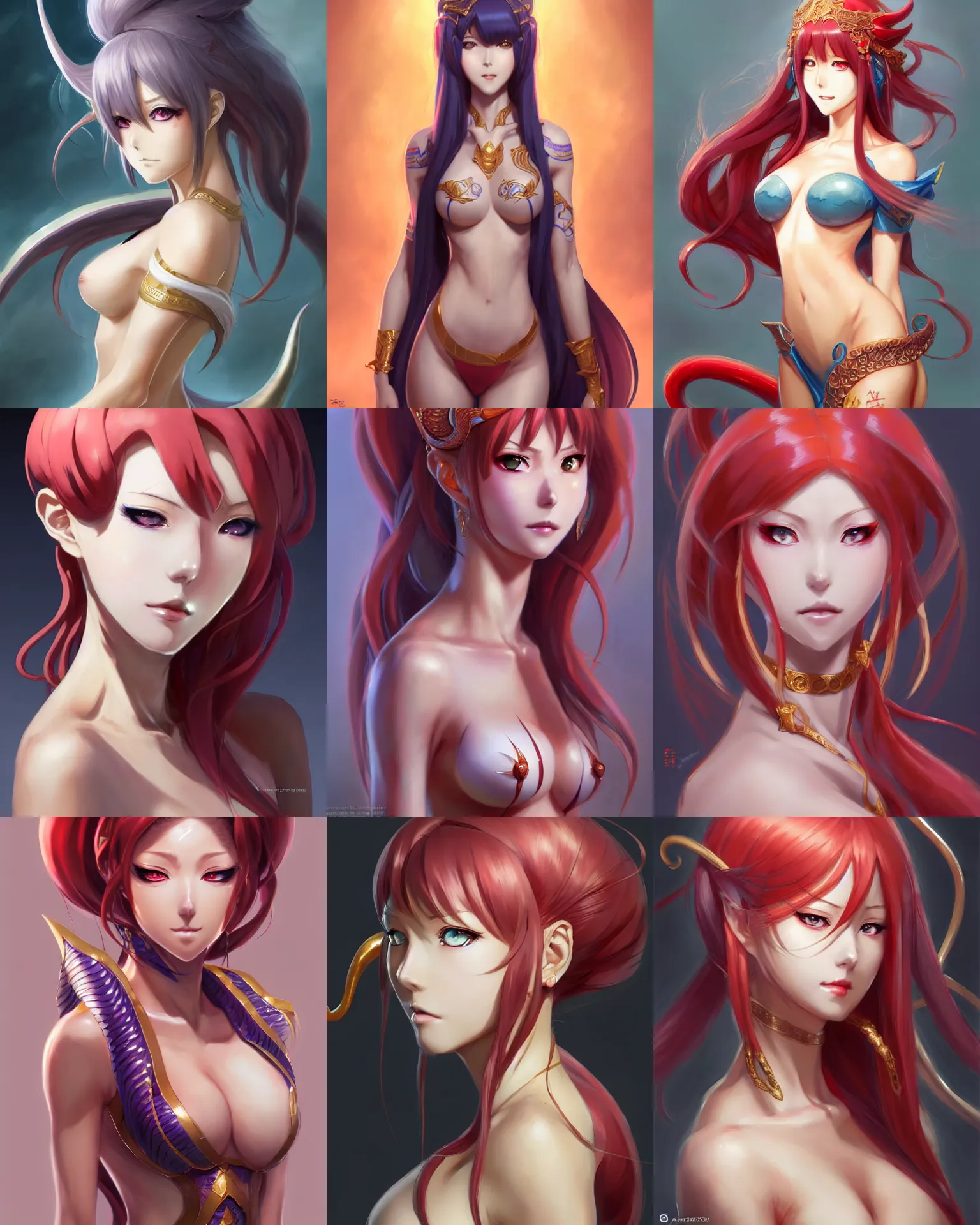 Prompt: Character concept art of an anime female naga || hime cut, cute-fine-face, pretty face, realistic shaded Perfect face, fine details by Stanley Artgerm Lau, WLOP, Rossdraws, James Jean, Andrei Riabovitchev, Marc Simonetti, and Sakimichan, tranding on artstation