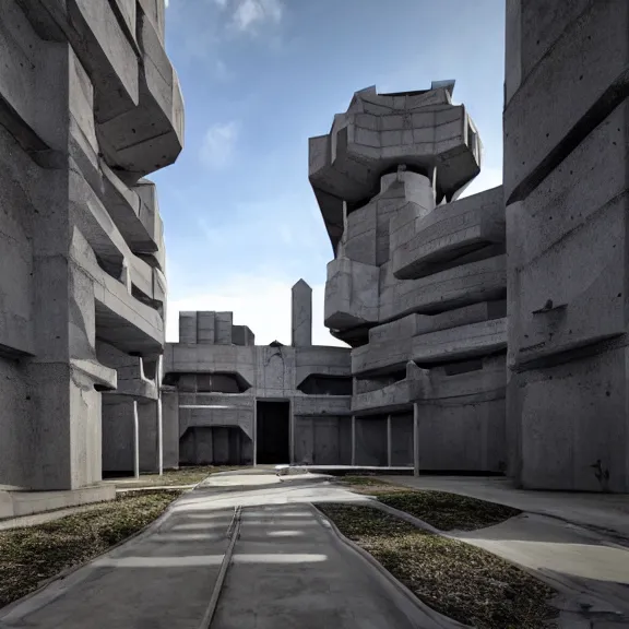 Image similar to sci fi utopian far future research facility exterior, brutalist architecture, grand scale, epic design