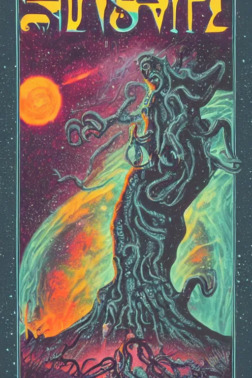 Prompt: Cosmic Horror by H. P. Lovecraft, retro dark vintage sci-fi , 2D matte dark gouache illustration ,Pulp sci fi magazine cover, high quality printing,