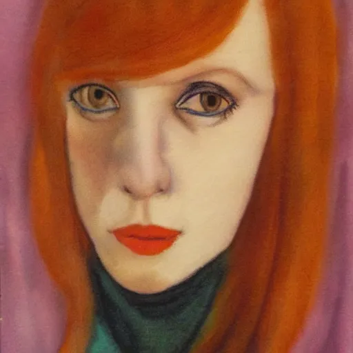 Image similar to portrait of a redhead woman by witkacy, mixed technique
