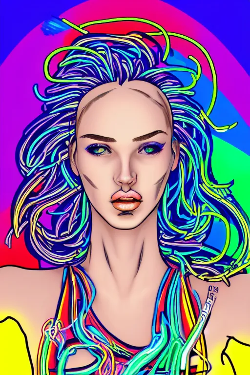 Image similar to a award winning portrait of a beautiful woman with stunning eyes in a one off shoulder crop top and cargo pants with rainbow colored hair, outlined by whirling illuminated neon lines and fine lines swirling in circles by marvel comics, digital art, trending on artstation