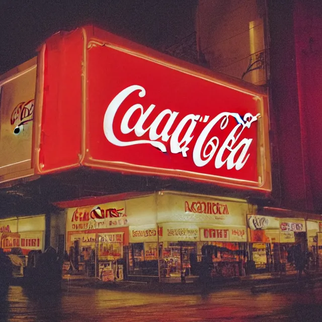 Image similar to kodachrome photograph, saturated photo, neon coca - cola sign on a rainy night