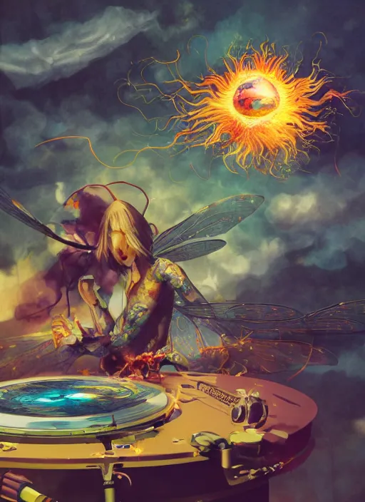 Image similar to surreal gouache painting, by yoshitaka amano, by ruan jia, by Conrad roset, by good smile company, detailed anime 3d render of a magical Dragonfly flying on a DJ Mixer and the sun exploding in the background, Vinyl deck, controller, portrait, cgsociety, artstation, rococo mechanical and Digital and electronic, dieselpunk atmosphere