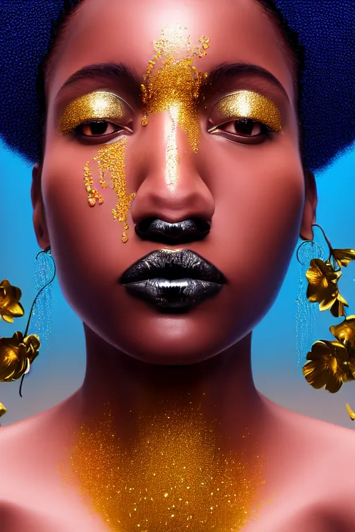 Prompt: hyperrealistic precisionist cinematic profile very expressive! black oshun goddess, in water! up to shoulders, mirror dripping droplet!, gold flowers, highly detailed face, digital art masterpiece, smooth eric zener cam de leon, dramatic pearlescent turquoise light on one side, low angle uhd 8 k, spot focus