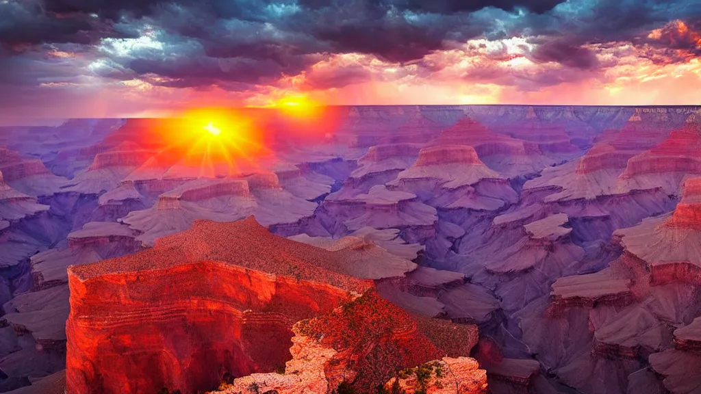 Prompt: amazing landscape photo of a grand canyon in sunset by marc adamus, beautiful dramatic lighting