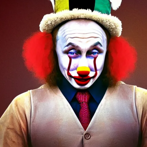 Image similar to vladamir putin as a sad clown, historical photo, high definition, hyperrealistic