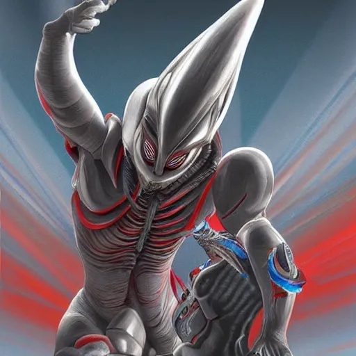 Prompt: Ultraman is digging on Xenomorph's back, digital art,high detailed,fine art,trending on Artstation.