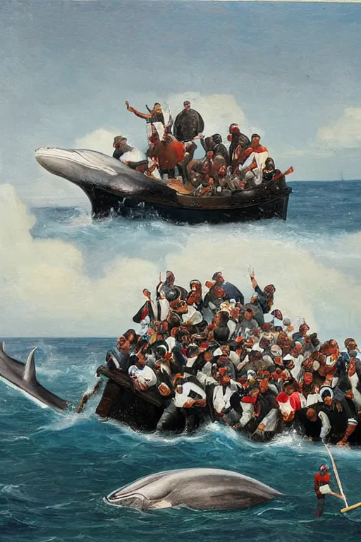 Image similar to whaling boat filled with nfl football players in helmets and pads, football helmets, american school, whaling painting, robert wyland