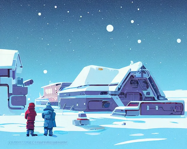 Image similar to A scientific base in north pole, cold, snowy, art by James Gilleard, James Gilleard artwork